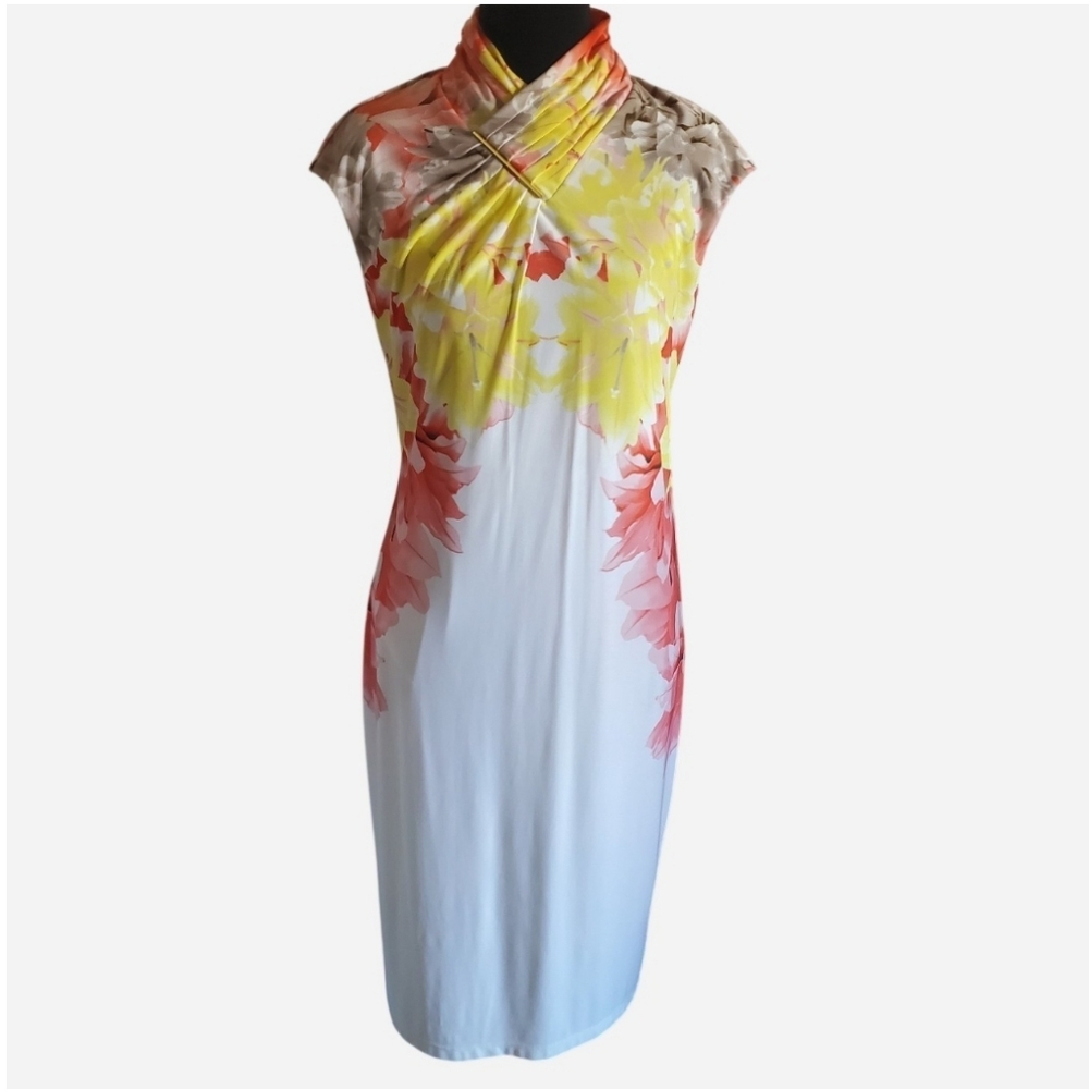Calvin Klein Floral Sheath Dress Gold Bar Detail Office Career Cocktail Size S